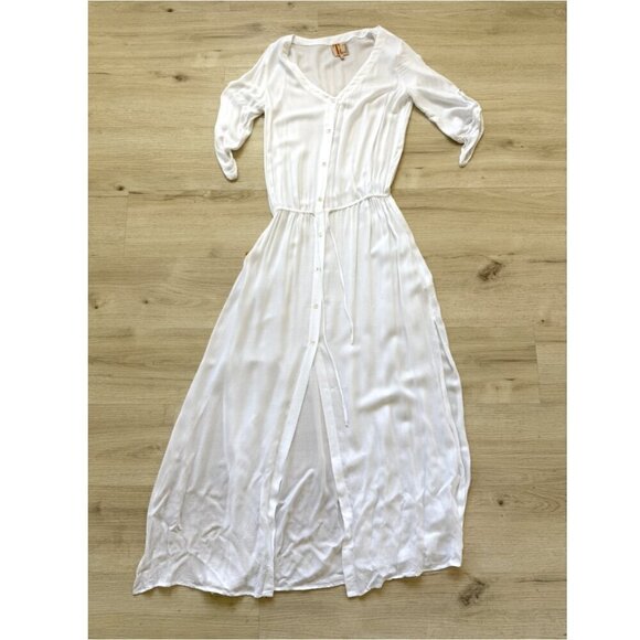 Beach Swimsuit Coverup Shirt Dress White Maxi Long Button Up Drawstring Small - Picture 2 of 11